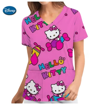Медсестра Униформа Женщины Hello Kitty Print Градиент С коротким рукавом Карман Рабочая рубашка Туники Униформа Медицинский уход Скрабы Топы