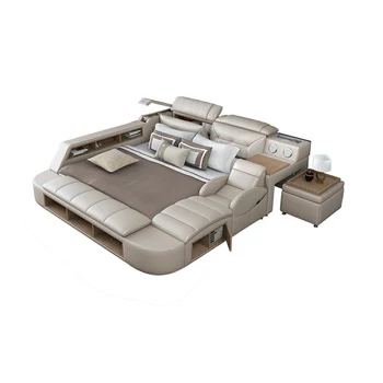Многофункциональная рама кровати из натуральной кожи Smart Camas Ultimate Tatami Кровати с динамиком Bluetooth, USB, сейф