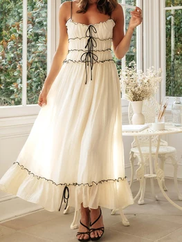 мода винтажный женский бохо однотонное длинное платье-комбинация без рукавов спагетти на бретелях плиссированное платье с завязками без спинки