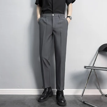Мода Твердые драпированные длинные брюки Весенние повседневные мужские брюки Уличная одежда 2024 Карманы Половина эластичной талии Брюки на пуговицахМужская одежда