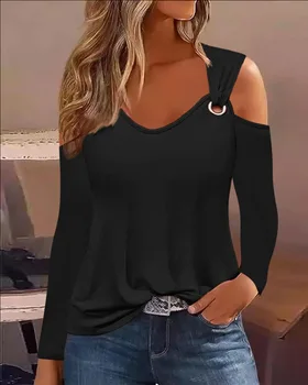 Модная футболка с открытыми плечами и длинным рукавом Женская металлическая пуговица V-образным вырезом Топ женский осенний повседневный пуловер