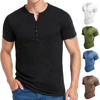 Мужская повседневная рубашка Henley Сплошная футболка с V-образным вырезом и коротким рукавом Спортивные беговые топы для мужской одежды
