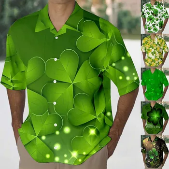 Мужская рубашка на День Святого Дня Праздничная Золотая Четырехлистный Принт Зеленый Лацкан Рубашка с короткими рукавами Деловая уличная одежда Camisas De Hombre