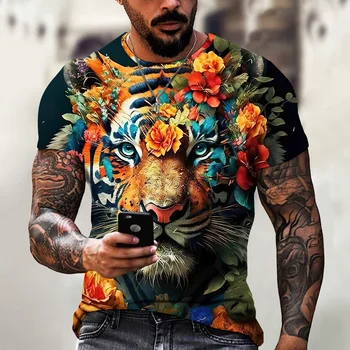 Мужская футболка Винтажная 3d футболка с животными Свирепый тигровый принт Футболка Лето с коротким рукавом Футболки Одежда оверсайз Мужской пуловер