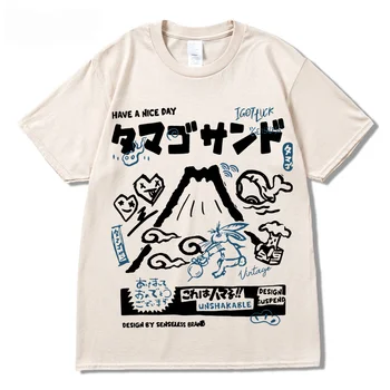 Мужская футболка Уличная одежда Японские кандзи Мультфильм Vocano Rabbit Графическая футболка Harajuku Лето 2023 Хлопковая футболка Хип-хоп топы Футболки