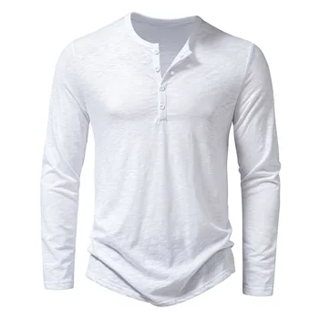 Мужские потертые рубашки Henley Slim Fit с длинным рукавом Белая футболка Мужские повседневные футболки на пуговицах Мужчины Camisetas Hombre