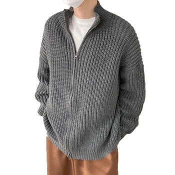 Мужской роскошный трикотажный кардиган свитер пальто повседневный однотонный с длинным рукавом молнии отложной воротник винтаж зимняя одежда