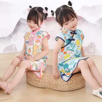 Мультяшные животные Дети Cheongsam Одежда для девочек с короткими рукавами Дети Китайское платье Qipao Princess Платье