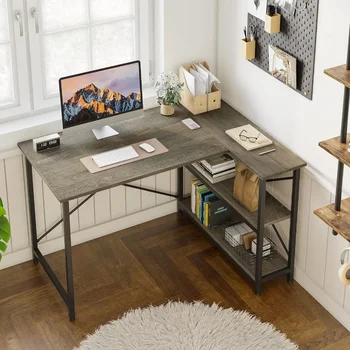 Небольшой L-образный стол с полками для хранения 47-дюймовый угловой компьютерный стол Письменный рабочий стол для домашнего офиса Маленькое пространство, серый