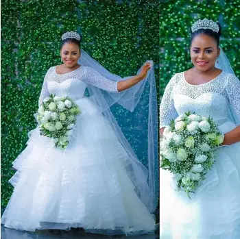 Нигерия Стиль Многоуровневые свадебные платья Лето Кружевной топ Длинные рукава Свадебные платья больших размеров Тюль Бальное платье Африканская свадьба