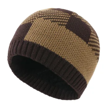 Новая зимняя шапка с плюшевой и утолщенной клетчатой вязаной шапкой для мужчин и женщин шерстяная шапка с двухцветной шерстяной шапкой для защиты ушей