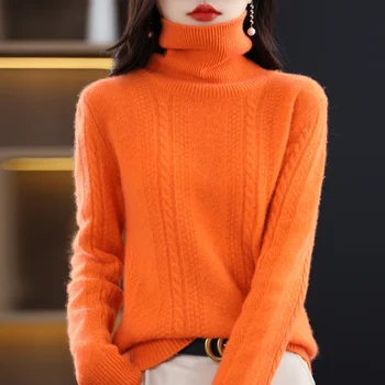 Новая осенне-зимняя толстая водолазка 100% чистый свитер женский свободный темперамент шерстяной базовый свитер