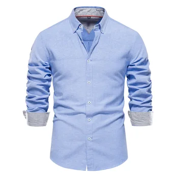 Новая осень с длинным рукавом Оксфорд Мужские рубашки Однотонная блузка с отложным воротником Социальные рубашки для мужчин Дизайнерская одежда Черный