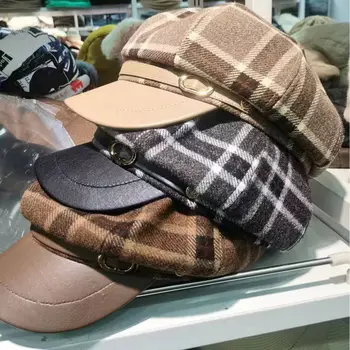 Новая удобная клетчатая пэчворк кожаная восьмиугольная шляпа осень и зима ретро мода лицо маленькая кепка британский ветер газетчик шляпа