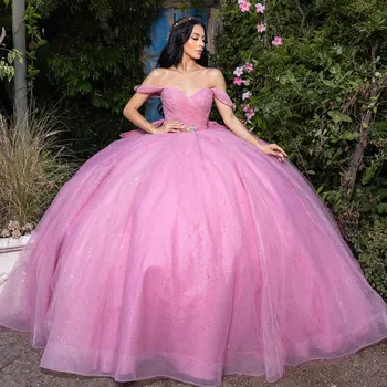 Новинка XV Розовое платье Quinceanera 2024 Мексиканский лук Vestidos De 15 Костная принцесса Сладкая 16 День рождения Бальное платье Пайетки Кружевная аппликация
