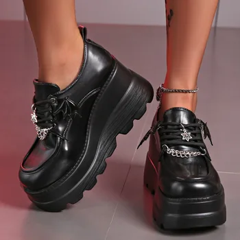 Новые женские модные туфли на высоком каблуке с толстой подошвой 2024 весна повседневная в стиле ретро женские туфли на шнуровке с круглым носком zapatillas mujer