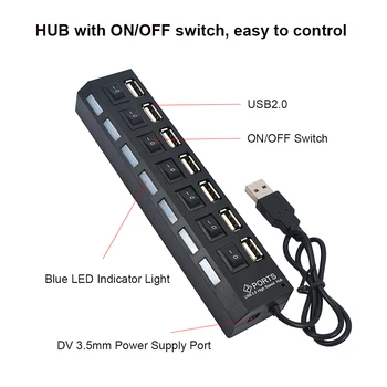  Новый высокоскоростной 4/7 портов USB HUB 2.0 Адаптер Расширитель Multi USB Splitter Multiple Extender со светодиодным переключателем лампы для ПК Ноутбук