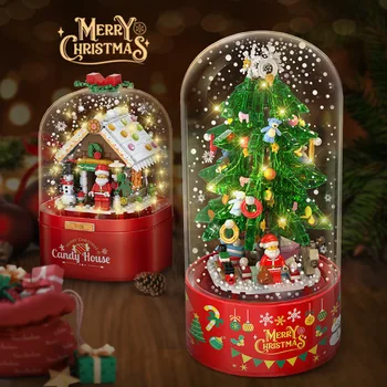 Новый рождественский Cinnamoroll Моя мелодия Kuromi Sanrio Строительные блоки Рождественские елки Санта-Клаус Трепещущий снег Вращающаяся музыкальная шкатулка Подарок