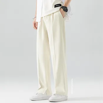 Одинарный плиссированный летний костюм брюки мужские корейские модные полуширокие полосы на талии прямые свободные черные повседневные брюки брюки для мужчин