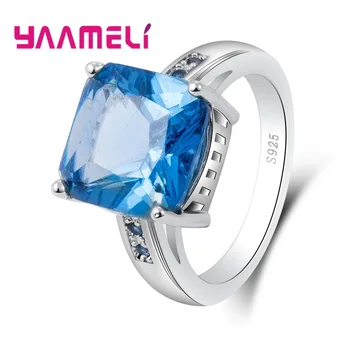 Оригинальные женские мужские кольца на пальцы квадратной формы, подлинные кольца на пальца из стерлингового серебра 925 пробы, ювелирные изделия с синим кубическим цирконием