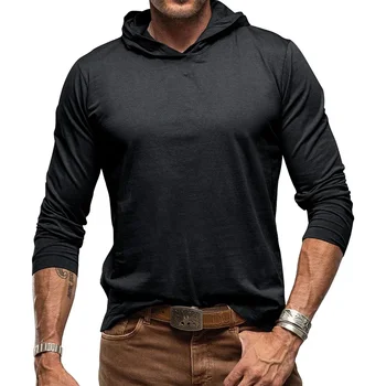 Осенне-зимняя однотонная мужская футболка с длинными рукавами и европейской и американской основой с капюшоном