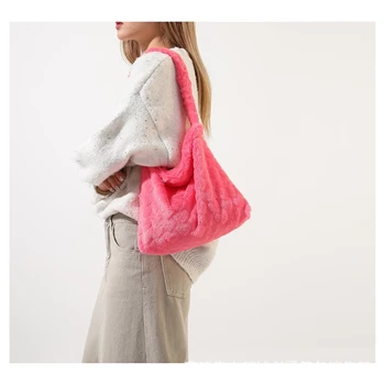 Осенняя сумка-тоут Y2K Красочная плюшевая сумка через плечо большой емкости Повседневная сумка через плечо для женщин Модная зимняя сумка