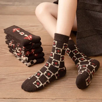 Осень-зима Темные хлопковые носки Носки с грибным цветочным рисунком Творческая личность Шаблон Толстые теплые шерстяные носки Medium Tube