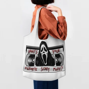 Переработка Что за страшный фильм Сумка для покупок Холщовая сумка через плечо Моющиеся сумки Halloween Scream Ghost Grocery Shopper Bags