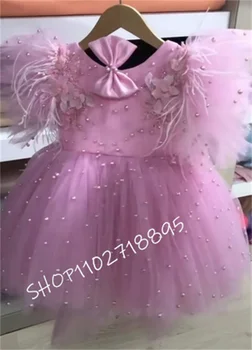 Платье на день рождения принцессы ручной работы Платье для девочки из розового жемчуга Платье для девочки-пачки с пышным рукавом Платье для первого причастия