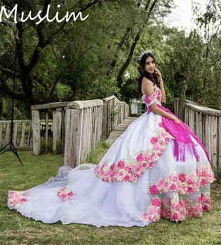принцесса Белые мексиканские платья Quinceanera 2023 с цветами с открытыми плечами Charro Vestido de 15 Quinceañeras Vintage Brithday