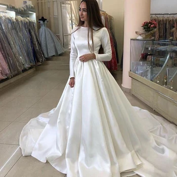 Принцесса Свадебные платья Атлас с длинным рукавом Мусульманские свадебные платья невесты Длинный шлейф На заказ по размерам Vestido de novia