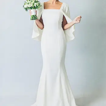 Простые свадебные платья русалки с шалью Классический квадратный воротник Элегантное свадебное платье с открытой спиной Изящный халат De Mariee SWD656