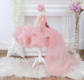 пухлый розовый цветок платье для девочки прозрачная шея жемчуг детский свадебный платье милое бальное платье принцесса на день рождения платья с длинным шлейфом