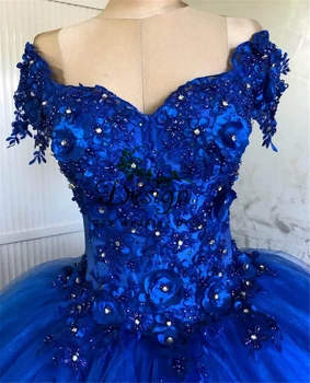 Реальные изображения Глубокий V-образный вырез Синий тюль 3D Цветы Аппликации Бальное платье Vestidos De Quinceañera 2021 Выпускные платья 16 Девушки
