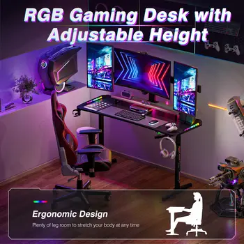  Регулируемый по высоте игровой стол Стоячий стол, большой игровой компьютерный стол со светодиодной RGB-подсветкой для игр и домашнего офиса, черный