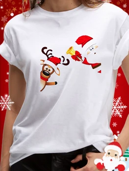 Рождественская футболка с принтом лося Harajuku Женская мода Рождественская футболка с принтом и коротким рукавом Женская футболка 2022 Рождество Новый год