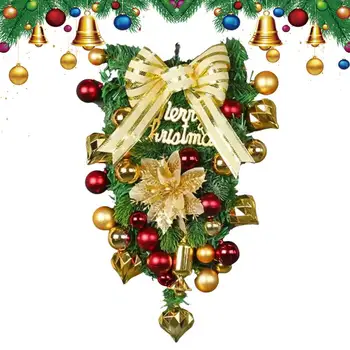 Рождественский каплевидный венок Дверной знак с шарами Креативный каплевидный сувенир Многоразовый милый золотой бант Гирлянда Рождественский декор для