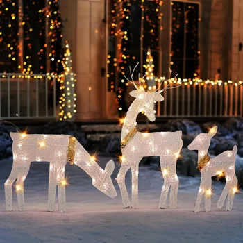 Рождественское украшение на открытом воздухе, 2D-семейство оленей с подсветкой из 3 частей с 60 л, предварительно освещенный набор оленей