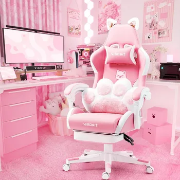 Розовое игровое кресло с поясничной подушкой Cat Paw и кошачьими ушами Компьютерное кресло с откидной спинкой для ПК Игровой стул для девочек Дети Подросток Геймер