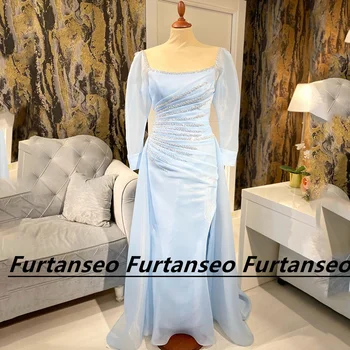 Романтическое вечернее платье русалки с длинным рукавом, драпированное бисером Спинка с открытой спиной Застежка-молния с квадратным вырезом Organza Robes de Soirees Dubai