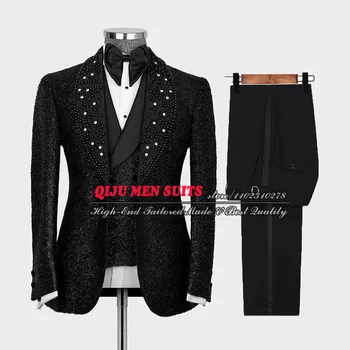Роскошные свадебные костюмы Slim Fit Black Peaked Laple Bead Blazer Комплекты Формальный жених Мужчины Смокинг Tailore-Made 3 шт. Блестящее платье