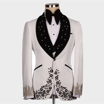 Роскошные свадебные костюмы для мужчин Fit Slim Crystals Bead Жених Смокинги 3 шт. Черный пиджак с лацканами Жилет Брюки Мужская модная одежда