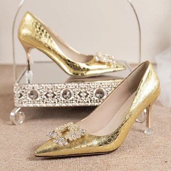 Роскошные хрустальные квадратные туфли с золотой серебряной пряжкой для женщин 2023 года Новая свадебная обувь на высоких каблуках Женская обувь с острым носком