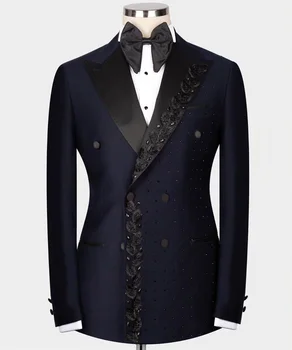 Роскошный черный воротник темно-синий смокинг жениха с кристаллом двубортный блейзер брюки формальный деловой офис вечеринка мужские костюмы