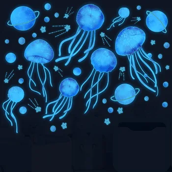 Светящиеся наклейки на стену медузы для детских комнат Украшение стен спальни ПВХ Мультфильм Флуоресцентные наклейки Светящиеся в темноте наклейки