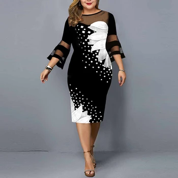 Сексуальное прозрачное сетчатое платье с расклешенными рукавами Элегантное облегающее тонкое облегающее бедро до колен юбка винтаж с цветочным принтом женские платья