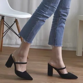Сексуальные женские туфли на высоких каблуках 2024 коренастые мюли обувь новая мода с острым носком платье для вечеринок сандалии обувь слингбэк летние туфли женские