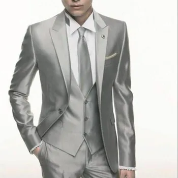 Серебристо-серый атласный свадебный мужской костюм формальный тощий стильный мужской блейзер вечеринка на заказ смокинг 3 шт. vestidos костюм для мужчин