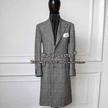 Серый клетчатый костюм Куртка Формальный деловой верхняя одежда Блейзер Двубортный блейзер Комплекты Fit Slim Wool Blend Trench Coat Long 2024