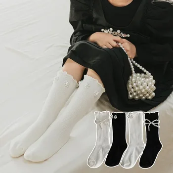 Симпатичные японские жемчужные белые черные длинные носки до колен для девочек весна осень с оборками принцесса Лолита Чулок